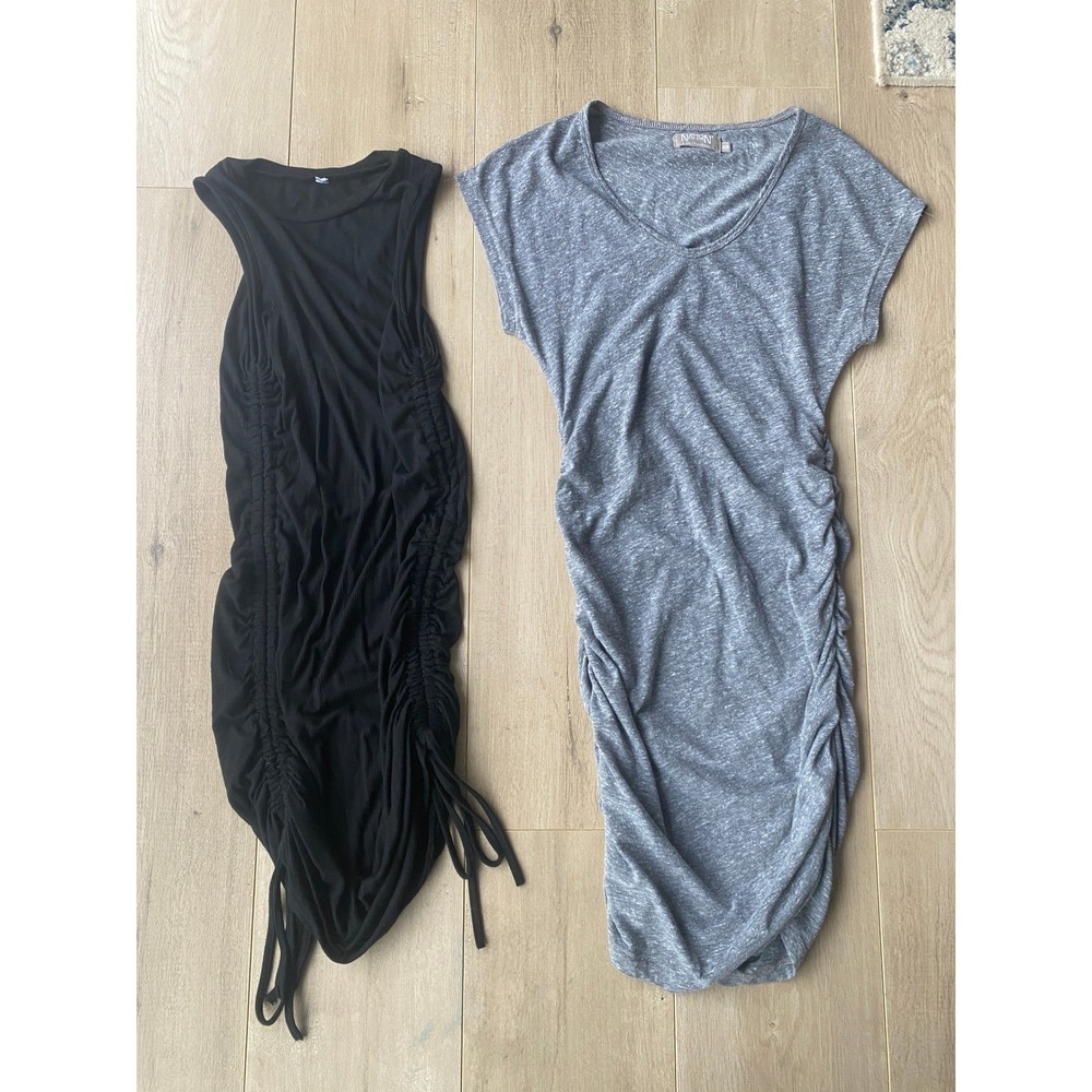 Lot of 2 Ruched MIDI Dresses Sz XS Gray Cap Sleeves & Black Sleeveless Stretchy